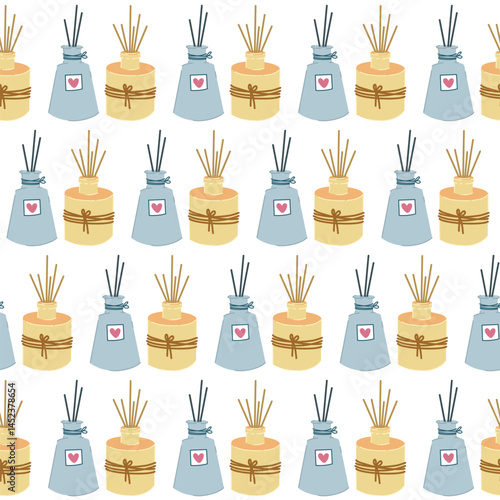 Vector seamless pattern with spa and relaxation items. Cozy pictures with candles, aromatherapes, masks, etc. Relaxation time. For paper, packaging, banners, textiles, wallpaper.