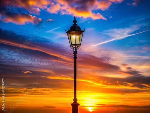 Silhouette of Lamppost at Dusk - Beautiful Evening Cityscape Stock Photo