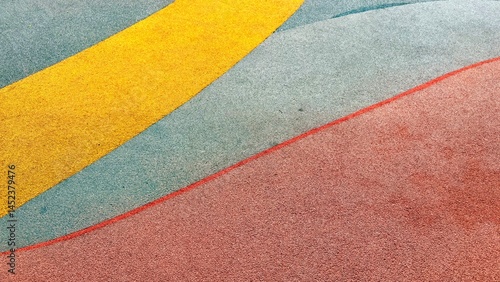 Texture of color rubber floor on playground. Colorful Safety Rubber Floor with Slide and Playground Equipment.