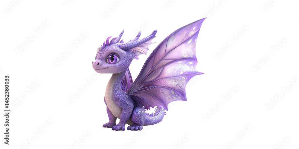 Naklejka premium Cute Purple Baby Dragon Illustration. Fantasy Creature With Detailed Wings And Scales Isolated On Transparent Background