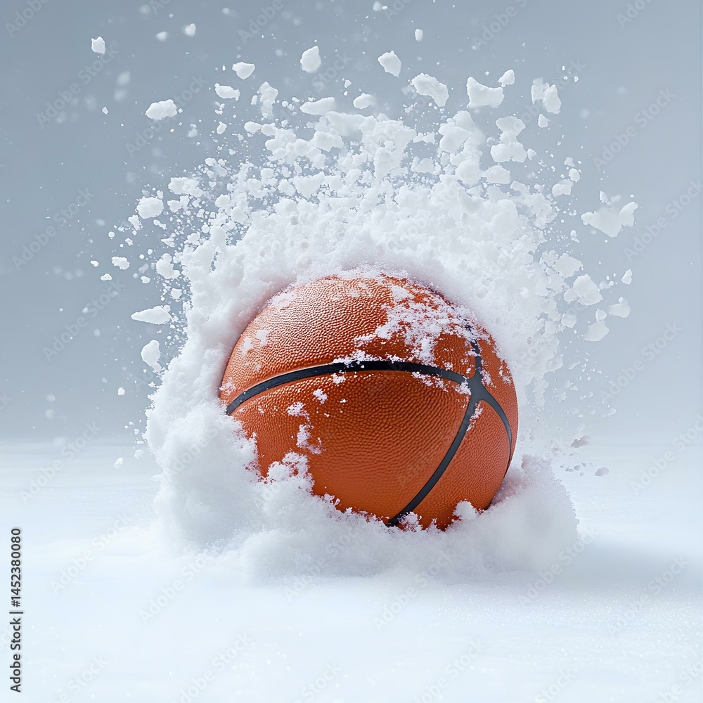 Basketball Exploding Through Snow on Clean White Floor Basketball Exploding Through Snow on Clean White Floor