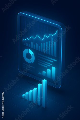 Neon Holographic Analytics Panel with Floating 3D Bar Graphs