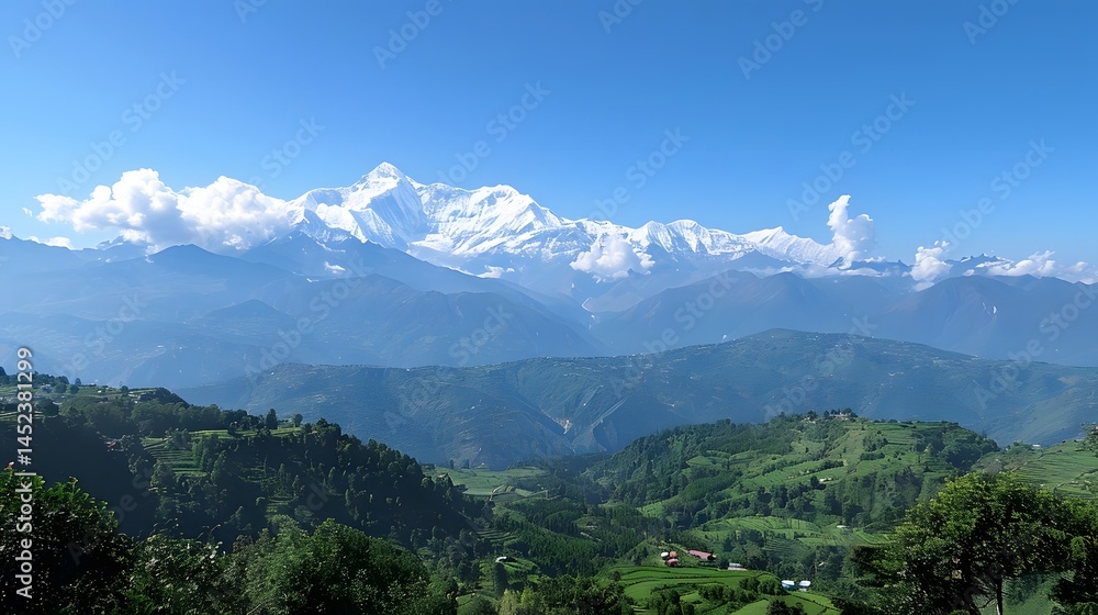 Naklejka premium Majestic Himalayan Mountain Range: Snow-Capped Peaks, Lush Green Valleys, Breathtaking Scenery, Tranquil Atmosphere, Serene Landscape, Picturesque Vista, Stunning View, Panoramic Outlook, High Altitud