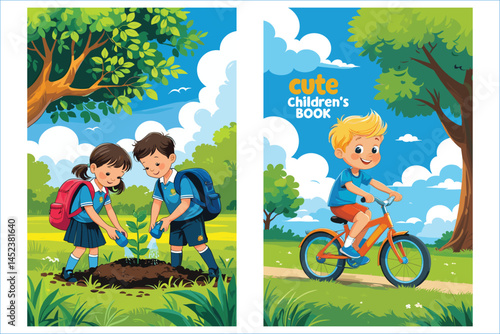 Cute Cartoon Kids Planting Tree And Riding Bike In Summer Park Vector