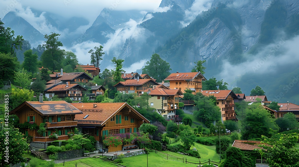 Fototapeta premium Traditional Swiss village with scenic mountain view high resolution images