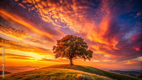 Solitary Tree Hill Sunset Landscape - Golden Hour Nature Photography