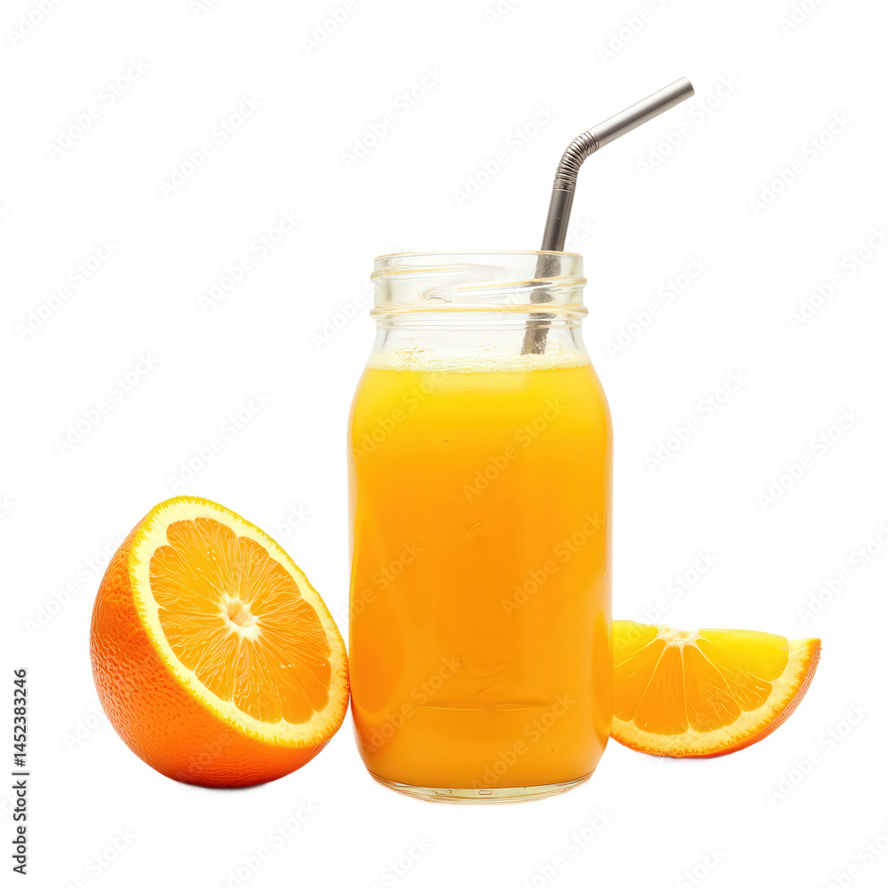 Freshly squeezed orange juice in a glass jar with a metal straw and slices of orange. Freshly squeezed orange juice in a glass jar with a metal straw and slices of orange.