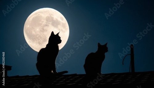 Two Silhouetted Cats on a Roof at Night Under a Full Moon