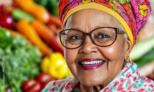 Cheerful elder woman with vegetables display, embracing healthy lifestyle and cultural traditions