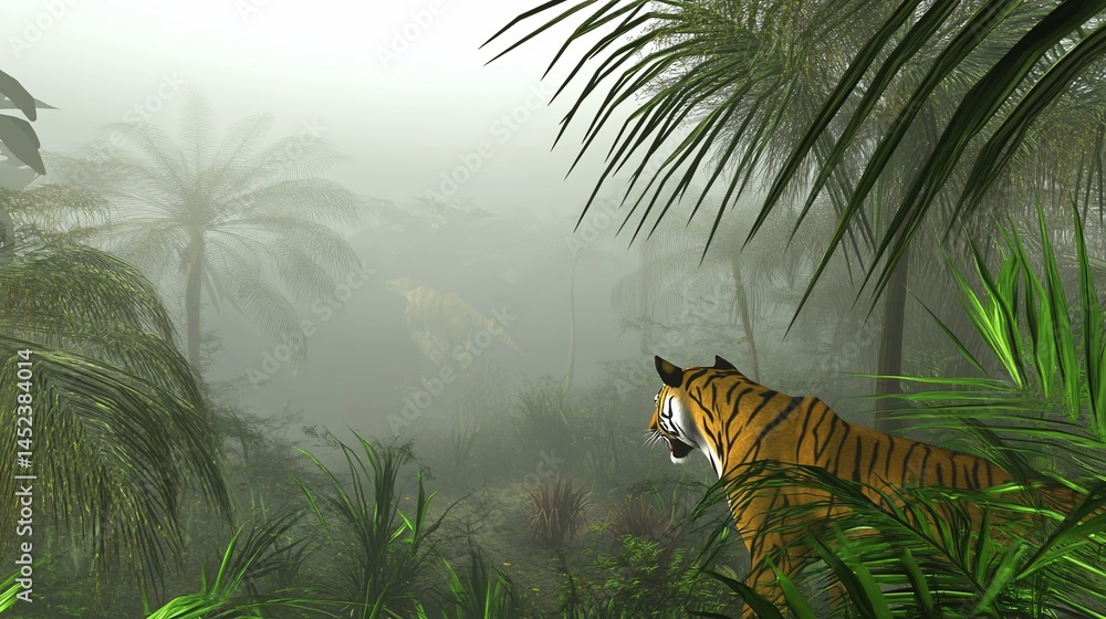 Naklejka premium Misty Morning in the Jungle: A Tiger's Prowl