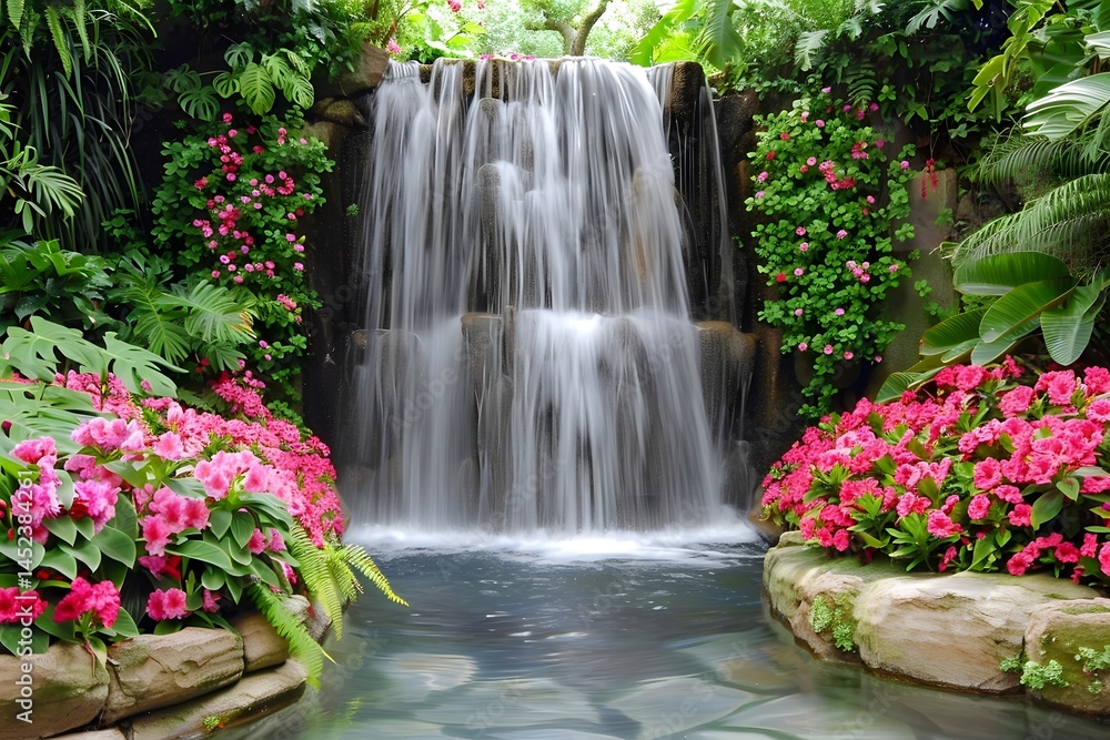 Naklejka premium Serene Waterfall Cascades Over Rocks, Lush Greenery, Vibrant Pink Flowers Flourish Abundantly in Tranquil Garden Oasis, Creating a Picturesque Landscape