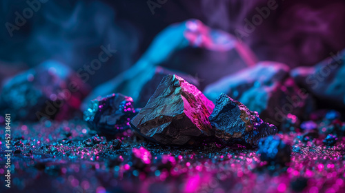 Macro Shot of Raw Cobalt Ore Chunks with Metallic Textures, Dark Industrial Background, Shallow Depth of Field, Natural Mineral Specimen, Mining Resource, High Detail Close-Up