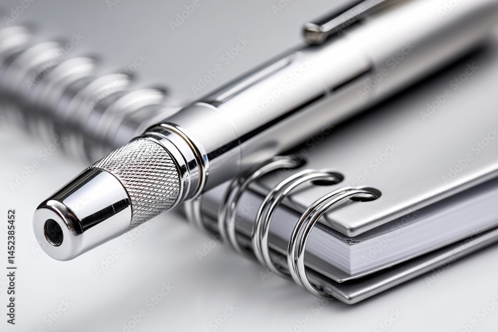 Silver metallic pen rests on top of closed small silver spiral bound notepad, business, writing implement, organization Silver metallic pen rests on top of closed small silver spiral bound notepad, business, writing implement, organization