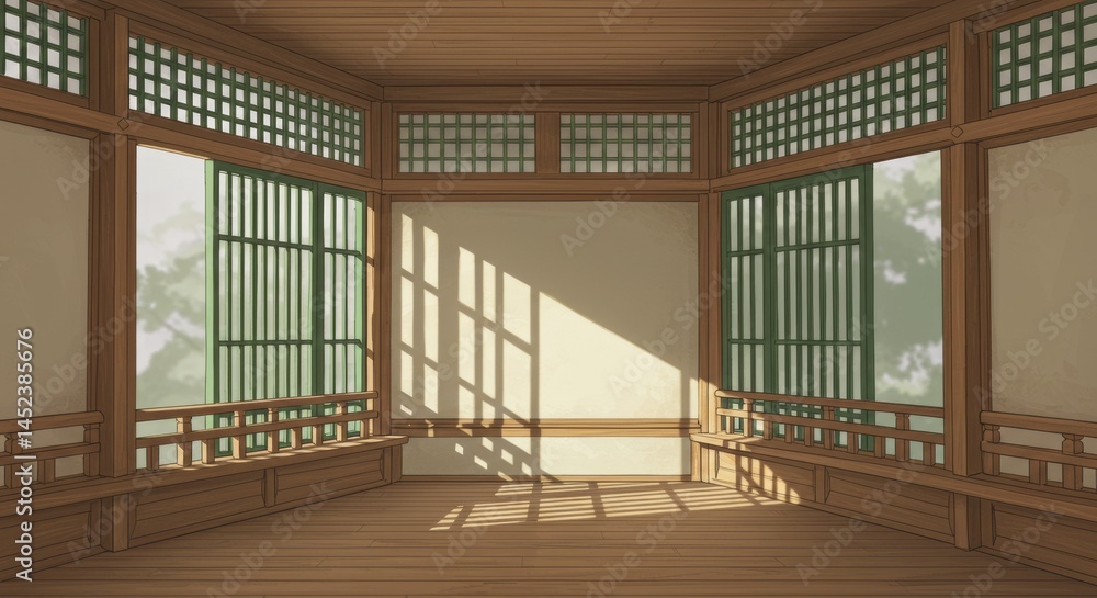 Obraz premium Serene Japanese-style corner pavilion interior with wooden architecture and sunlit lattice windows
