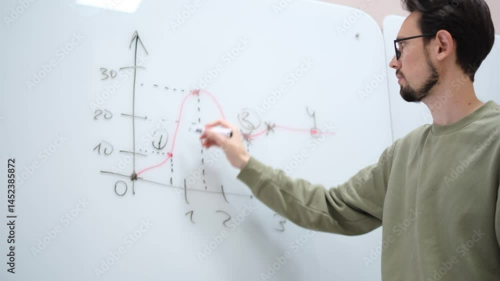 young man drawing business chart on board in front of audience at meeting young man drawing business chart on board in front of audience at meeting