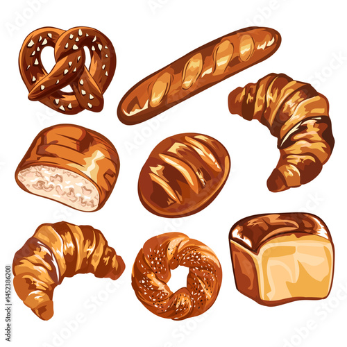 Various bakery and pastry set. Collections of bread, buns, croissant and other types of bakery products. Vector illustration