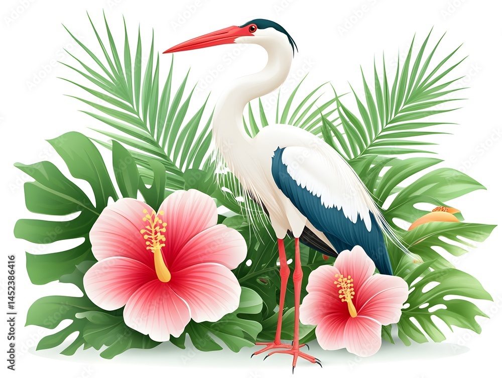 Fototapeta premium A majestic great blue heron stands amidst vibrant hibiscus flowers and lush tropical foliage in a detailed illustration.