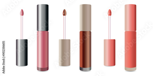 Realistic cosmetics. Vector set. Lip gloss or liquid lipstick of different shades on a white background