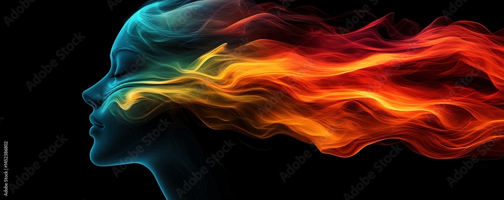 Silhouette of a head filled with abstract colorful motion, symbolizing emotion and thought convergence, glowing psychedelic flow, artistic concept, visually striking, ultradetailed