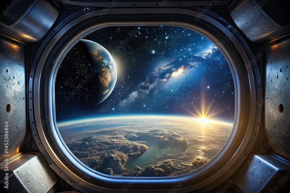 Stunning Earthrise at Night: Spacecraft Window View, Starry Sky Stunning Earthrise at Night: Spacecraft Window View, Starry Sky