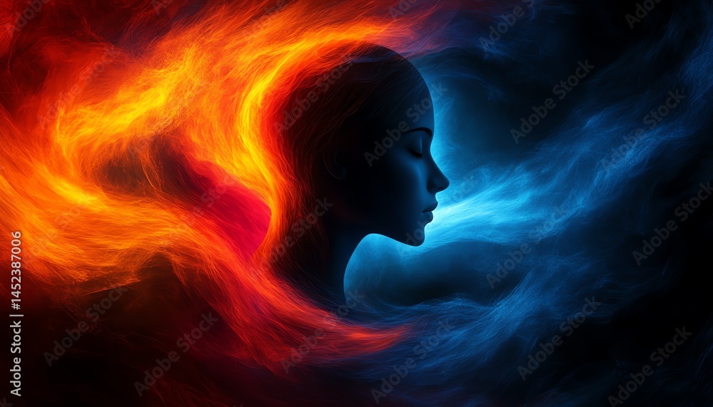 Abstract art, fire and ice, duality, woman, profile, energy