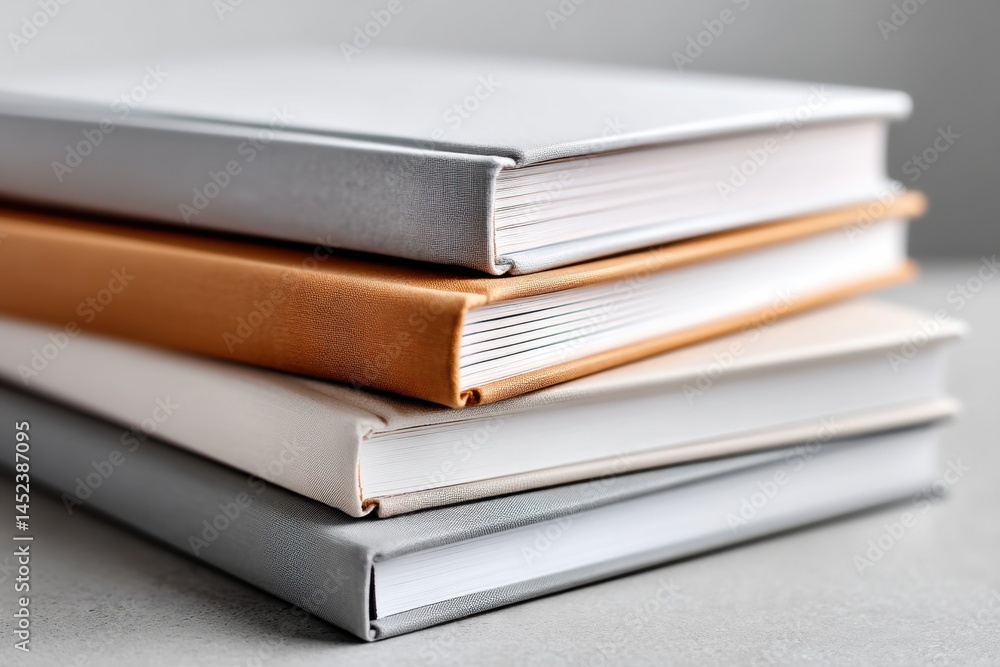 Close-up of Stacked Hardcover Books with Textured Linen Covers in Neutral Colors, Perfect for Home Decor Mockups Close-up of Stacked Hardcover Books with Textured Linen Covers in Neutral Colors, Perfect for Home Decor Mockups