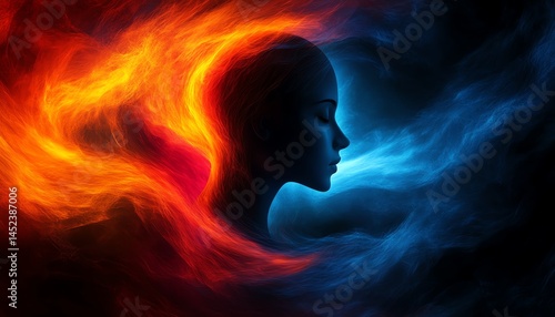 Obraz na płótnie Abstract art, fire and ice, duality, woman, profile, energy w salonie