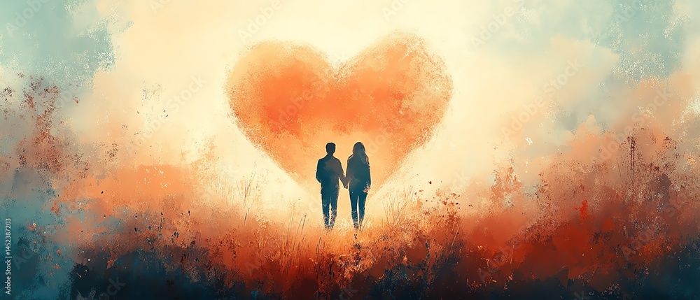 Silhouette couple standing before giant heart.