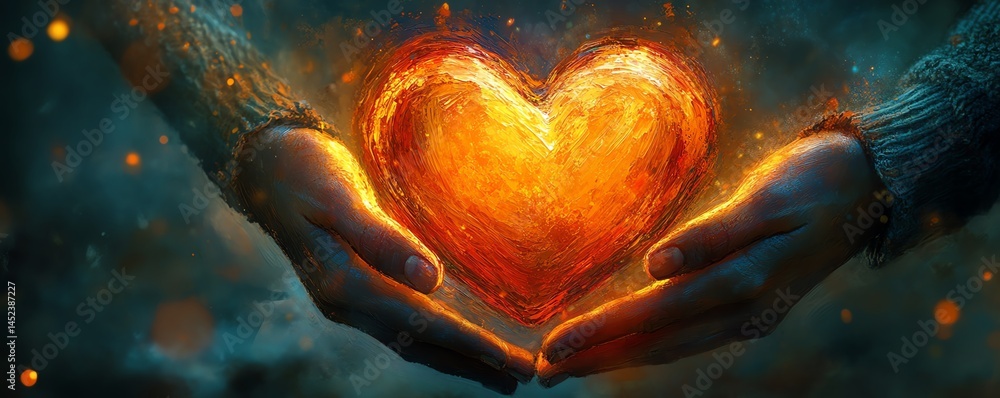 Fiery heart held in loving hands. Passion, romance, hope.