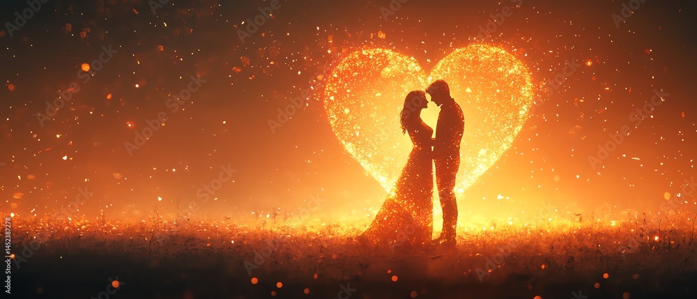 Silhouette couple embracing, fiery heart background. Romantic love.