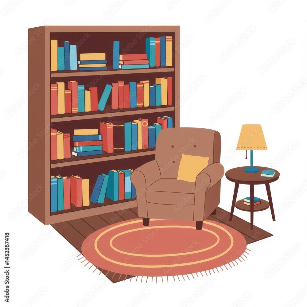 Illustration of Brown Bookcase with Colorful Books and Armchair in Room Illustration of Brown Bookcase with Colorful Books and Armchair in Room