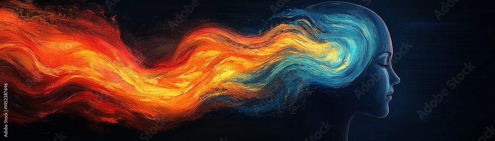 Abstract art: Head with fire and ice energy.