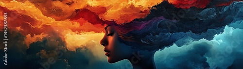 Abstract portrait, fiery colors, woman's face, surreal art.