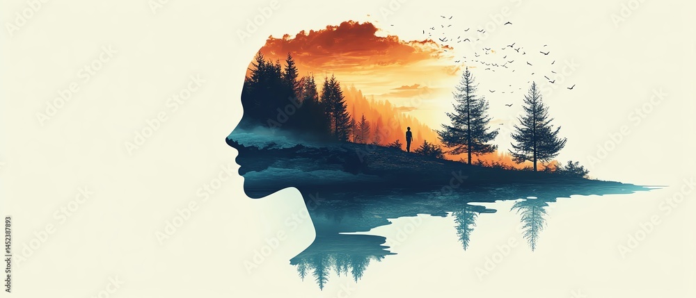 Woman's silhouette merges with a sunset landscape.