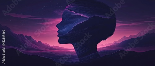 Obraz na płótnie Silhouette of a woman's face merging with a vibrant purple landscape. w salonie