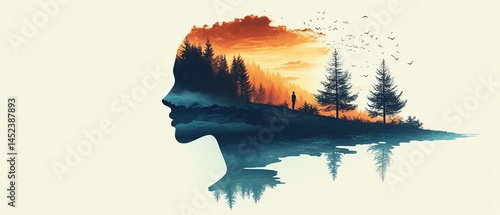 Woman's silhouette merges with a sunset landscape.