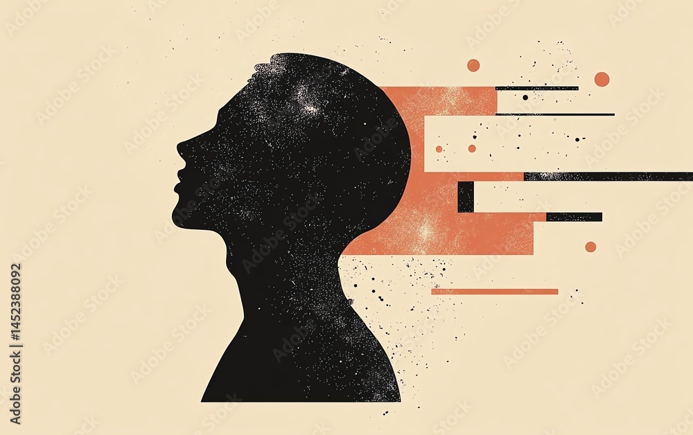 Minimalist 2D concept of a figure surrounded by warped geometric shapes, symbolizing cognitive fragmentation and psychological imbalance, clean vector lines, muted background