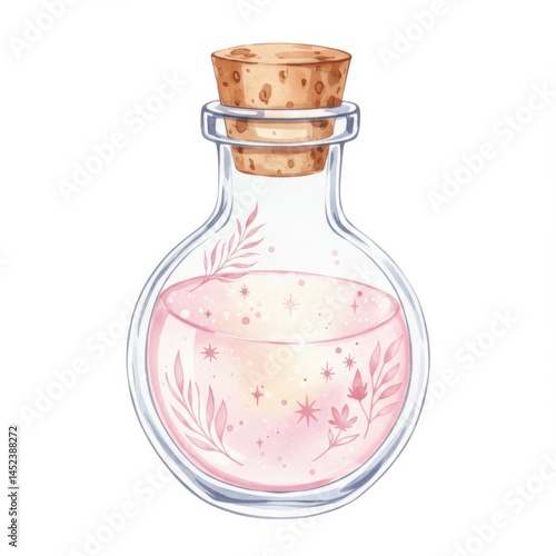 Magical Pink Potion in Glass Bottle with Cork Lid and Floral Details Isolated