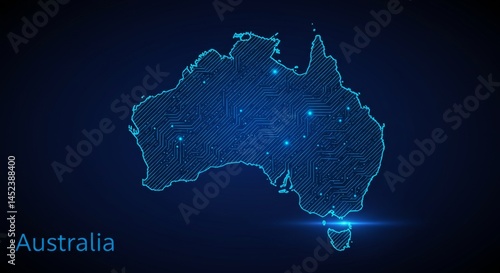 Australia's Futuristic Silhouette: A Glowing, High-Tech Map Visualization in Blue Hues