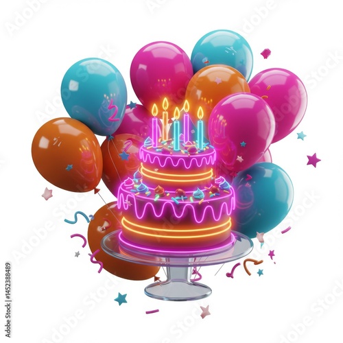 Festive Two Tier Birthday Cake with Neon Accents Surrounded by Balloons