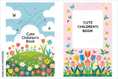 Childrens Book Cover Templates With Floral Design And Cartoonish Elements