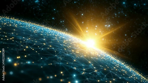 Glowing sunrise over digital earth: network connectivity and global technology