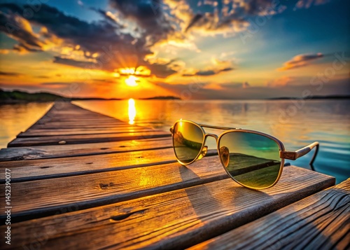 Sunset Panoramic: Sunglasses Resting on Wooden Planks by the Water