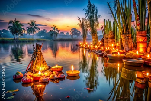 Surreal Chhath Puja: Glowing Diyas, Sugarcane, Festive Riverbank