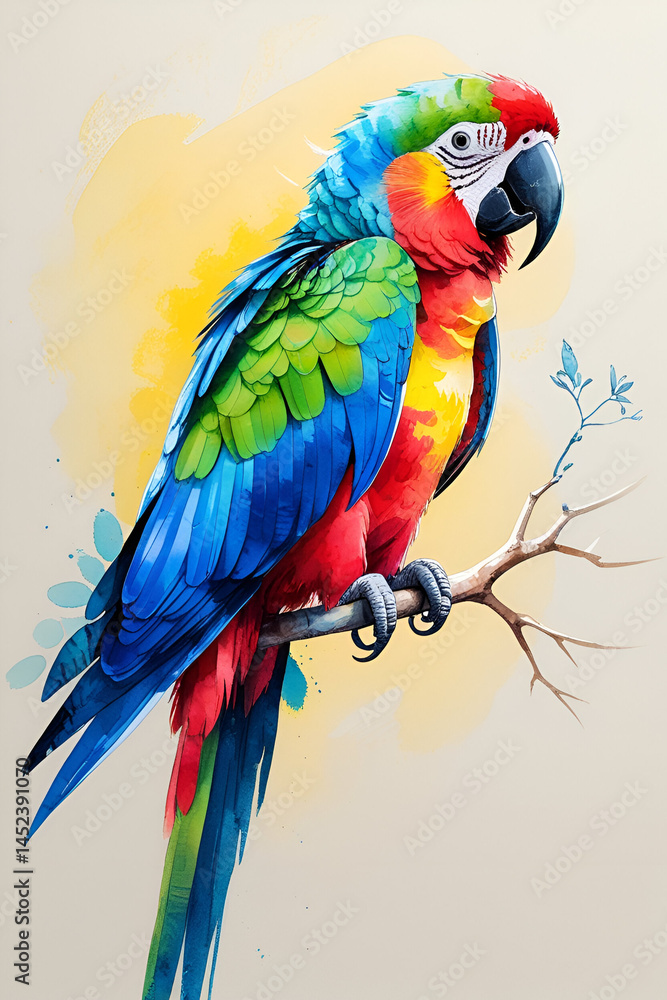 Obraz premium Multicolour Watercolour Macaw Parrot Wall Art – Vibrant Tropical Bird Illustration for Nature and Wildlife Decor