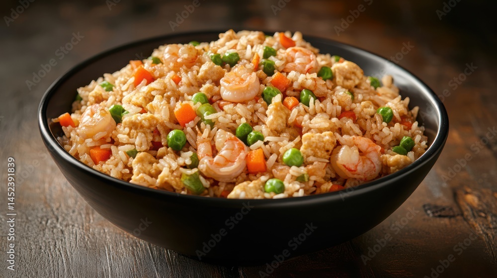 Stir-fried yangzhou fried rice with shrimp, peas, carrots, and egg, wok hei visible, served in a porcelain bowl. Stir-fried yangzhou fried rice with shrimp, peas, carrots, and egg, wok hei visible, served in a porcelain bowl.