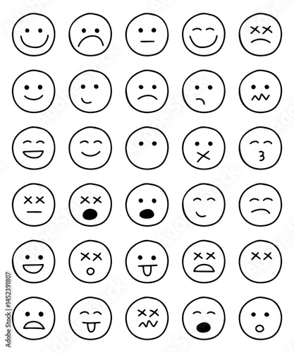 Emojis faces icon in hand drawn style. Doodle Emoji face icon set. set of emoji in round shapes. Face Emotions