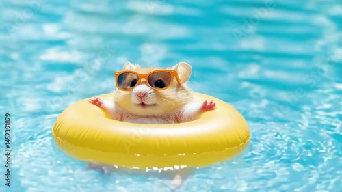 Sunglasseswearing hamster enjoys relaxation on yellow float in blue pool