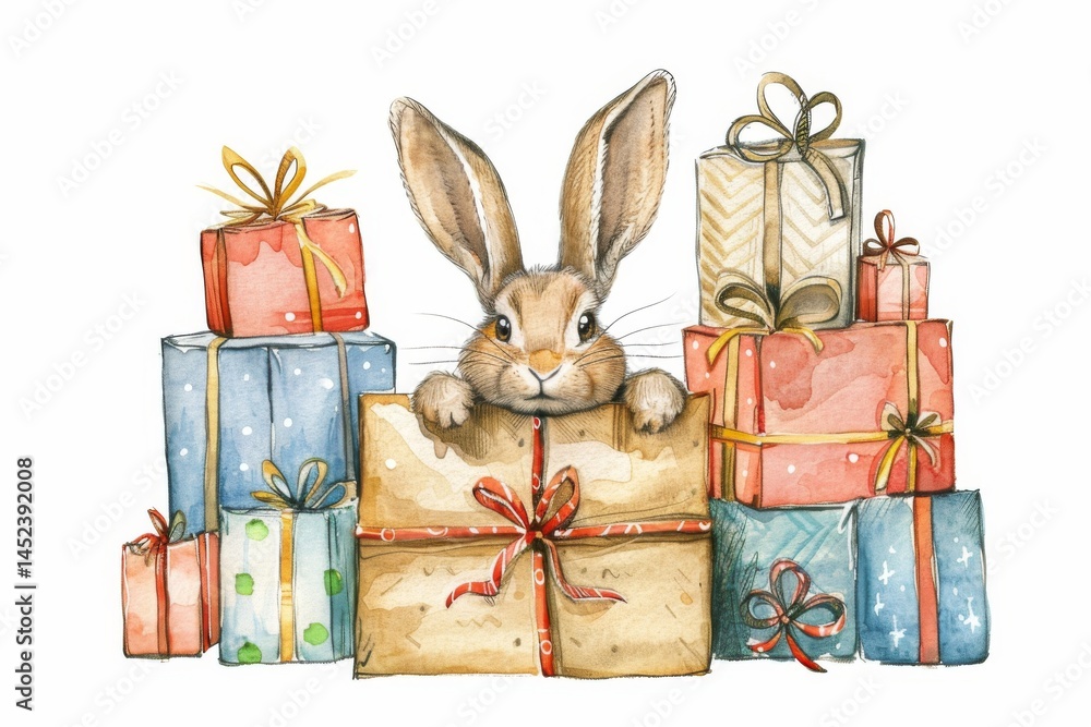 Curious Rabbit Among Presents