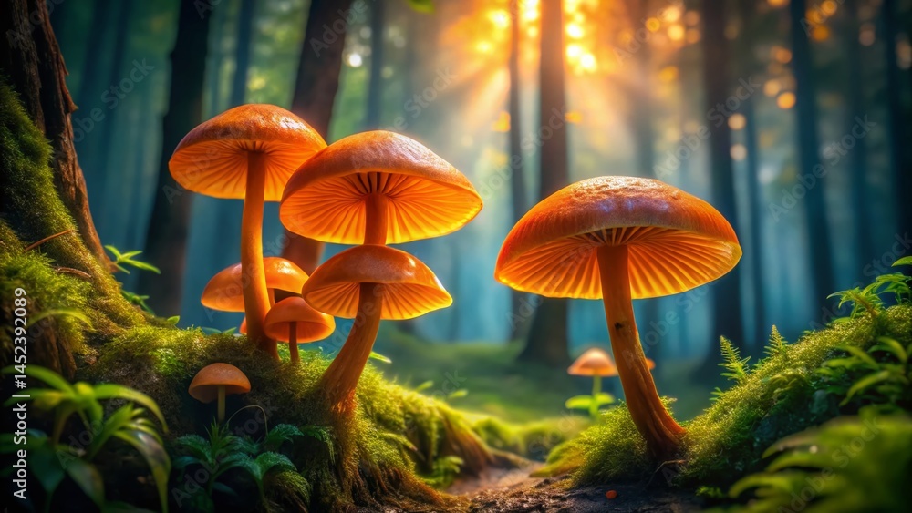 Fototapeta premium Surreal Forest Scene: Four Orange Cap Mushrooms, Fantasy Fungi Photography